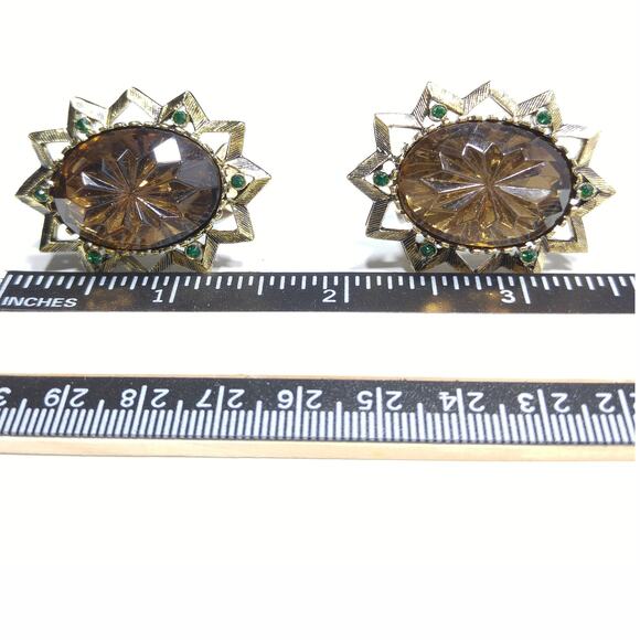 Vintage Emmons Molded Topaz Glass Clip Earrings, Green Rhinestone Accents - Picture 7 of 10